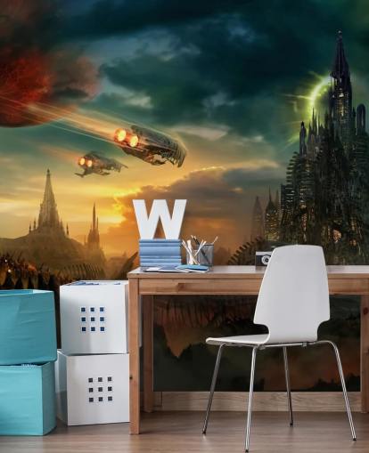 Fantasy-Schloss mit Raumschiffen Wallpaper