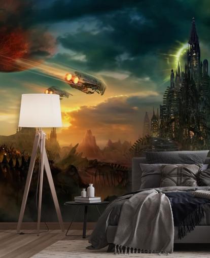 Fantasy slott med rymdskepp Bakgrund