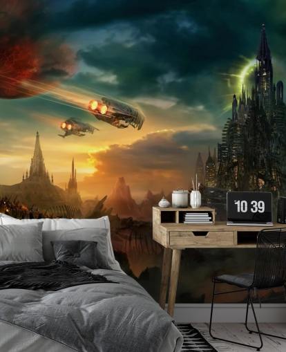 Fantasy-Schloss mit Raumschiffen Wallpaper