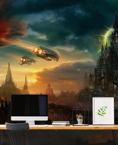 Fantasy-Schloss mit Raumschiffen Wallpaper