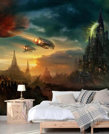 Fantasy Castle with Spaceships Wallpaper Fantasy Castle with Spaceships Wallpaper