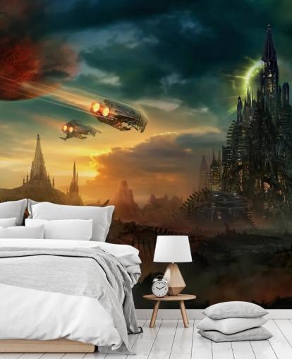 Fantasy Castle with Spaceships Wallpaper