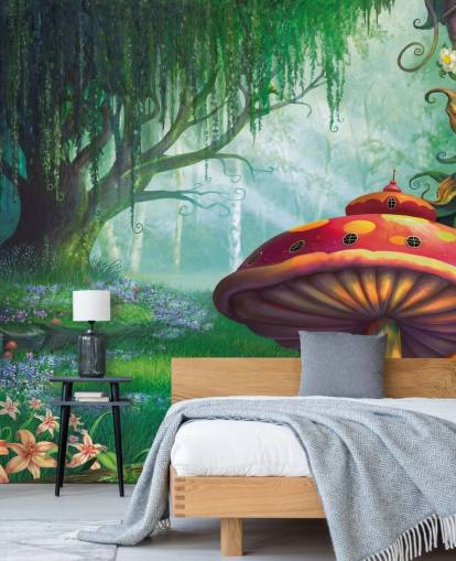 sprookjesachtige muurschildering genaamd Enchanted Forest van Philip Straub voor kinderkamers en kinderdagverblijven 