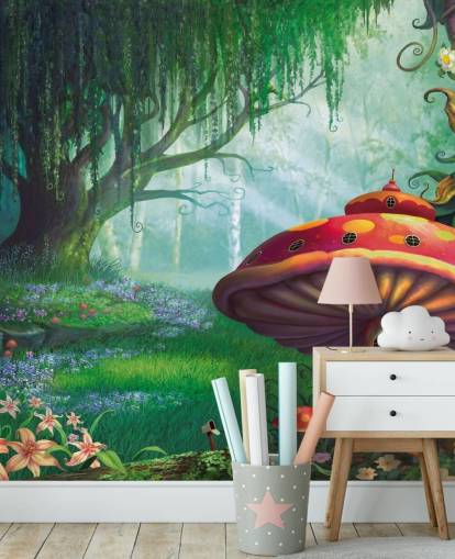 carta da parati murale con fata chiamata Enchanted Forest di Philip Straub per camerette e asili nido 
