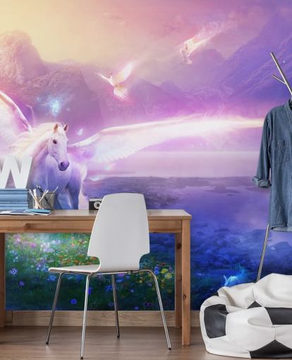 mural morado personalizable de papel pintado con forma de caballo llamado Winter Dawn de Philip Straub para dormitorio infantil