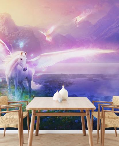 mural morado personalizable de papel pintado con forma de caballo llamado Winter Dawn de Philip Straub para dormitorio infantil