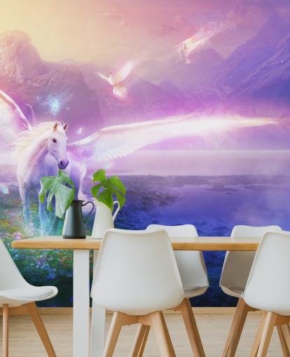 mural morado personalizable de papel pintado con forma de caballo llamado Winter Dawn de Philip Straub para dormitorio infantil