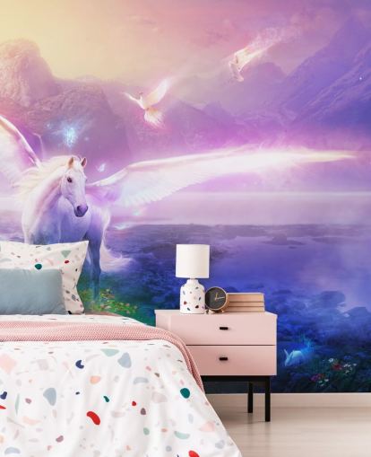 mural morado personalizable de papel pintado con forma de caballo llamado Winter Dawn de Philip Straub para dormitorio infantil