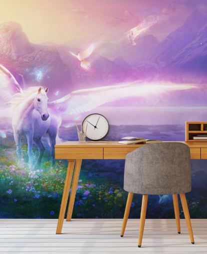 mural morado personalizable de papel pintado con forma de caballo llamado Winter Dawn de Philip Straub para dormitorio infantil