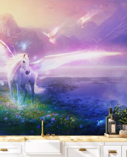 mural morado personalizable de papel pintado con forma de caballo llamado Winter Dawn de Philip Straub para dormitorio infantil