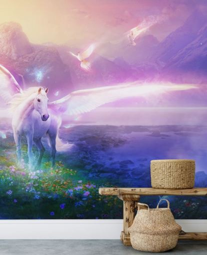 mural morado personalizable de papel pintado con forma de caballo llamado Winter Dawn de Philip Straub para dormitorio infantil