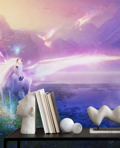 paarse aanpasbare paardenbehangmuurschildering genaamd Winter Dawn van Philip Straub voor de kinderkamer