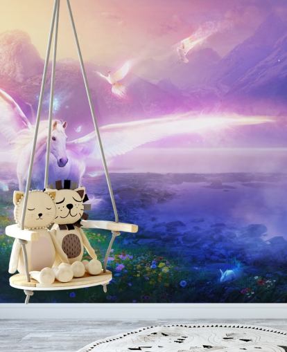 mural morado personalizable de papel pintado con forma de caballo llamado Winter Dawn de Philip Straub para dormitorio infantil