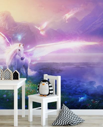 lila anpassningsbar hästtapetväggmålning kallad Winter Dawn av Philip Straub för barnets sovrum lila anpassningsbar hästtapetväggmålning kallad Winter Dawn av Philip Straub för barnets sovrum