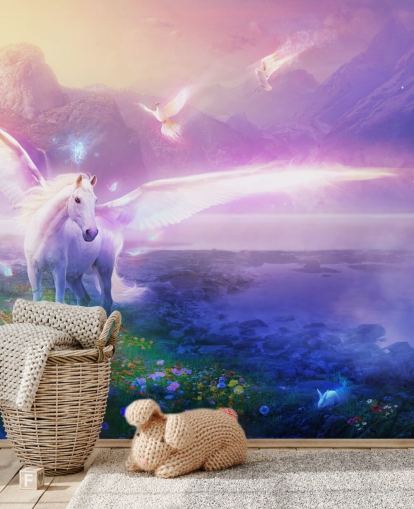 carta da parati murale personalizzabile viola a forma di cavallo chiamata Winter Dawn di Philip Straub per la cameretta dei bambini