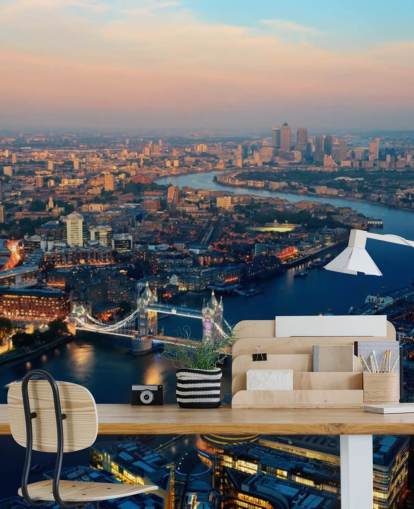 aangepaste Londense skyline behangmuurschildering genaamd Aerial of London voor slaapkamers, woonkamers en kantoren