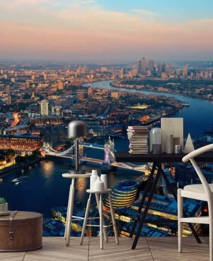 carta da parati murale personalizzata con skyline di Londra chiamata Aerial of London per camere da letto, salotti e uffici