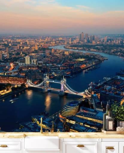 mukautettu Lontoon taivaanranta-taustakuvamaalaus nimeltä Aerial of London makuuhuoneisiin, olohuoneisiin ja toimistoihin