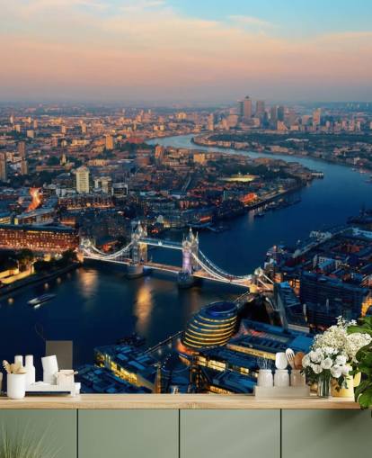 mukautettu Lontoon taivaanranta-taustakuvamaalaus nimeltä Aerial of London makuuhuoneisiin, olohuoneisiin ja toimistoihin