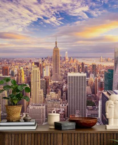 carta da parati murale personalizzabile di New York chiamata Midtown Manhattan Sunset per cucine