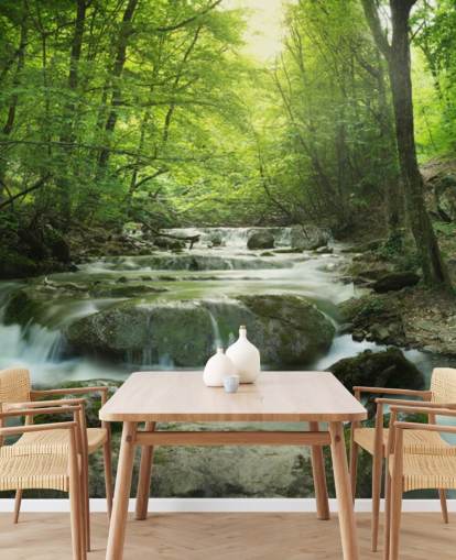 grønt tilpassbart skogtapet veggmaleri kalt Enchanting Forest Waterfall for hjem og kontorer.