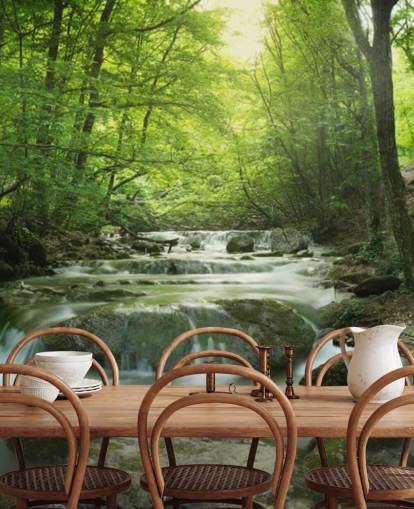 green customisable forest wallpaper mural called Enchanting Forest Waterfall for homes and offices.