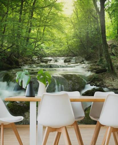 green customisable forest wallpaper mural called Enchanting Forest Waterfall for homes and offices.