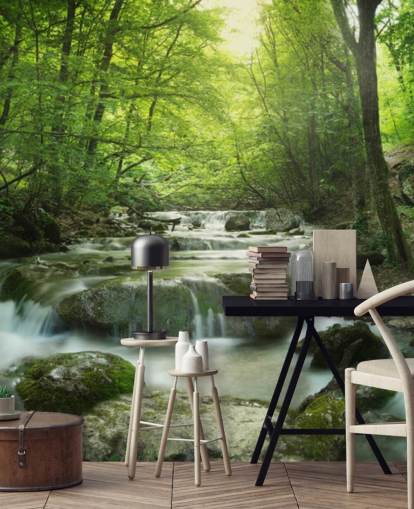 green customisable forest wallpaper mural called Enchanting Forest Waterfall for homes and offices. green customisable forest wallpaper mural called Enchanting Forest Waterfall for homes and offices.