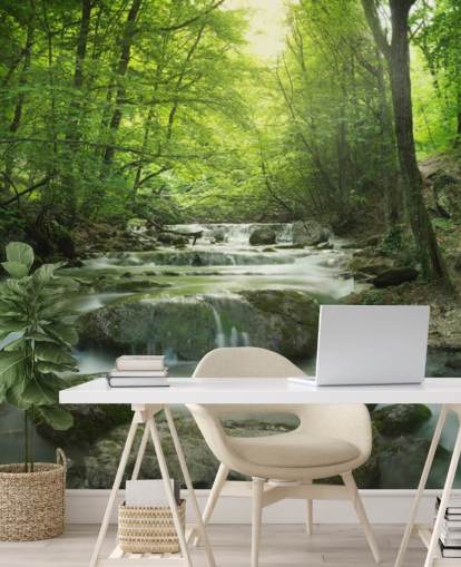 mural verde personalizable de papel pintado de bosque llamado Enchanting Forest Waterfall para hogares y oficinas.