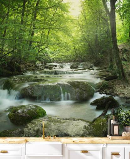 green customizable forest wallpaper mural called Enchanting Forest Waterfall for homes and offices.