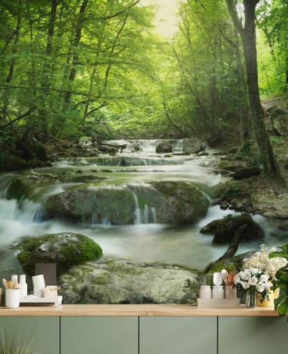 grön anpassningsbar skogstapetväggmålning kallad Enchanting Forest Waterfall för hem och kontor. grön anpassningsbar skogstapetväggmålning kallad Enchanting Forest Waterfall för hem och kontor.