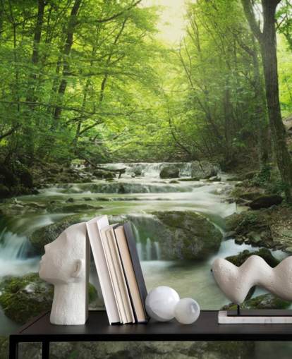 green customisable forest wallpaper mural called Enchanting Forest Waterfall for homes and offices.