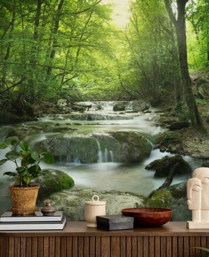 mural verde personalizable de papel pintado de bosque llamado Enchanting Forest Waterfall para hogares y oficinas.