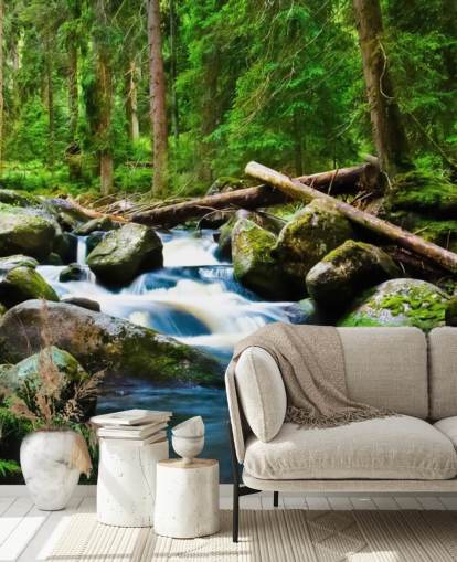 Muurschildering van kleine boswaterval