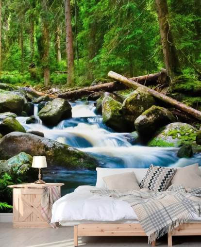 Decorazione murale con cascata nella foresta