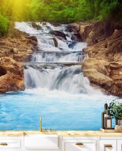 Blue Rocky Waterfall Wallpaper