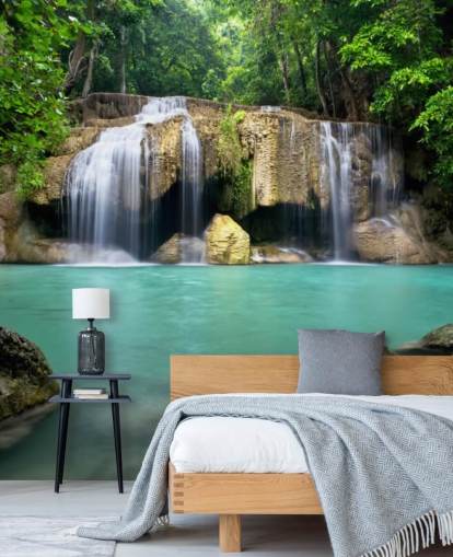 tropiska vattenfall tapetväggmålning som heter Vattenfall i Kanchanaburi, Thailand för hemmakontor, spa och yogastudior tropiska vattenfall tapetväggmålning som heter Vattenfall i Kanchanaburi, Thailand för hemmakontor, spa och yogastudior