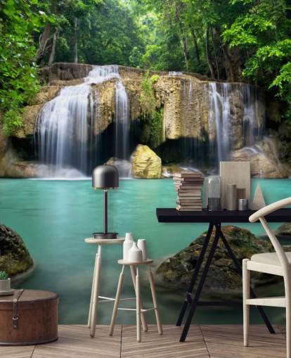 tropical waterfall wallpaper mural called Waterfall in Kanchanaburi, Thailand for home offices, spas and yoga studios