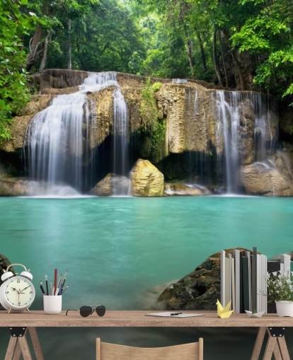 tropisk vandfald tapetmaleri kaldet Waterfall i Kanchanaburi, Thailand til hjemmekontorer, kurbade og yogastudier tropisk vandfald tapetmaleri kaldet Waterfall i Kanchanaburi, Thailand til hjemmekontorer, kurbade og yogastudier