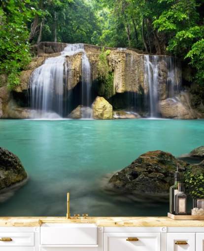 mural de papel de parede de cachoeira tropical chamado Waterfall em Kanchanaburi, Tailândia, para escritórios domésticos, spas e estúdios de ioga