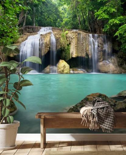 carta da parati murale con cascata tropicale chiamata Waterfall a Kanchanaburi, Thailandia per uffici domestici, spa e studi di yoga