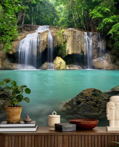 tropical waterfall wallpaper mural called Waterfall in Kanchanaburi, Thailand for home offices, spas and yoga studios