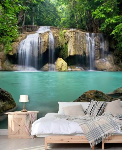 tropisk vandfald tapetmaleri kaldet Waterfall i Kanchanaburi, Thailand til hjemmekontorer, kurbade og yogastudier tropisk vandfald tapetmaleri kaldet Waterfall i Kanchanaburi, Thailand til hjemmekontorer, kurbade og yogastudier
