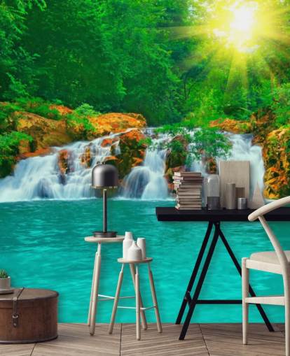 Decorazione murale con cascata tropicale e piscina