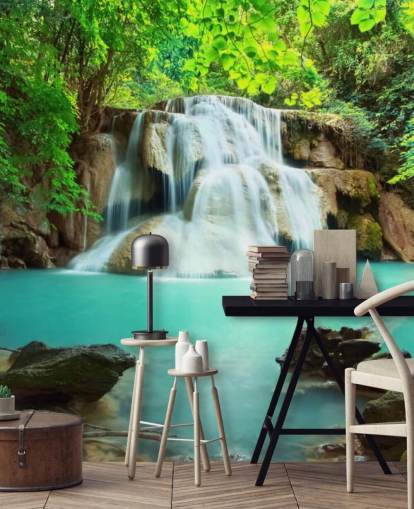 mural de papel pintado azul personalizado de cascada para oficinas 