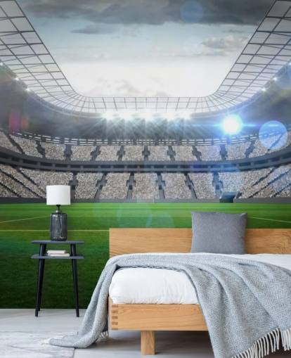 mural de papel de parede de estádio de futebol personalizável verde e cinza chamado Large Football Stadium with Lights para quarto de adolescente e quarto infantil