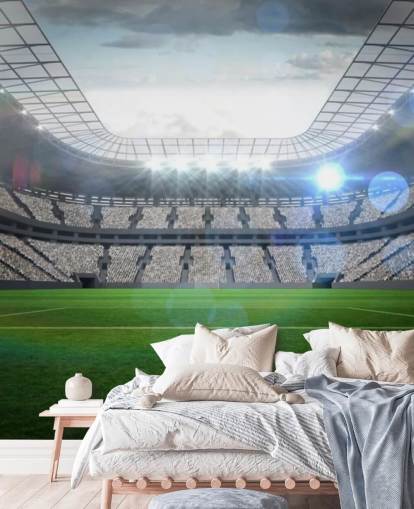 green and gray customizable football stadium wallpaper mural called Large Football Stadium with Lights for teen's bedroom and kid's bedroom