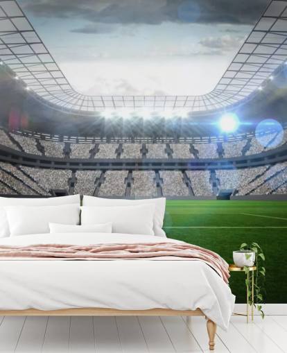 groene en grijze aanpasbare muurschildering voor voetbalstadion genaamd Groot voetbalstadion met verlichting voor tienerkamer en kinderkamer