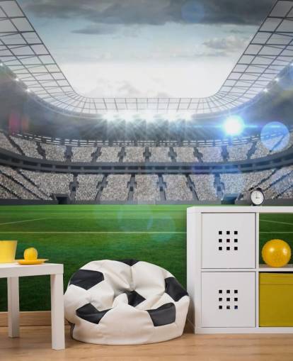 mural de papel de parede de estádio de futebol personalizável verde e cinza chamado Large Football Stadium with Lights para quarto de adolescente e quarto infantil