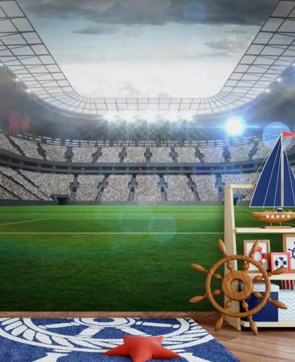 groene en grijze aanpasbare muurschildering voor voetbalstadion genaamd Groot voetbalstadion met verlichting voor tienerkamer en kinderkamer